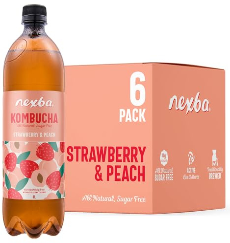 Nexba Strawberry & Peach Kombucha 1 L (Pack of 6) | All Natural, Sugar Free, Healthy Fruit‑Powered Probiotic Beverage