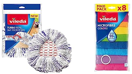 Vileda Turbo 3en1 Recambio, 1 Unidad, Compatible con Cualquier Sistema de fregona giratoria Set de 8 bayetas Microfibras Colors, Colores Variados, 30 x 30 cm, 8 Unidades