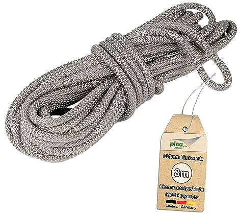 Pina DESIGN seit 1979-8m Tauwerk, Ø 6mm Seil für Sonnensegel aus Polyester Silber-grau | für Flaschenzug, Umlenkrolle, Seilzug & Boote, 800kg Reißlast & Bruchlast 1050 daN (Tauwerk)
