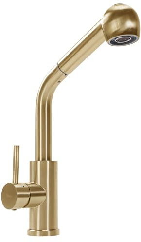 Rea Troy Küchenarmatur ausziehbar, gebürstetes Goldmessing, Küchenspüle-Mischbatterie, heiß und kalt, verstellbarer Einhebel, 360° drehbar (Gold)