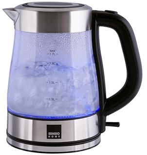 Sensio Home Electric Cordless Glass Kettle 1.7L Quiet Fast Boil with 3000W Rapid Boil Element, Includes Filter, Blue Illumination Jug with Swivel Base and Flip Top Lid, BPA Free