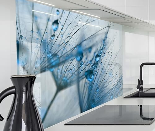 timalo Spritzschutz Wand für Herd, Küche Küchenrückwand Glasoptik | Acryl Glas 2mm | Glasrückwand Acrylglas Wandpaneele Rückwandschutz Platte | 120x60cm Blaue Pusteblumen