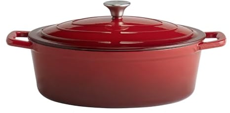 APS 88308 Bräter mit Deckel 5 STARS, Gusseisen, induktionsgeeignet, ofenfest, inkl. Deckelhalter, 33 x 25 cm, 5 Liter, rot