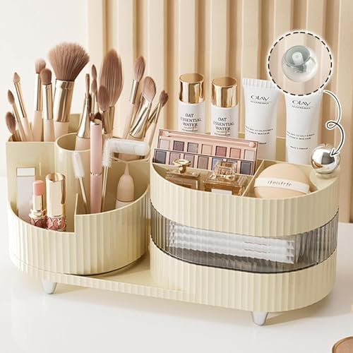 FIKAXTOY Um 360 Grad drehbarer Make-up-Organizer für Schminktisch, 3 Ebenen, Kosmetik-Organizer mit Make-up-Pinselhalter, großer drehbarer Make-up-Kosmetik-Hautpflege-Organizer für Kosmetik,