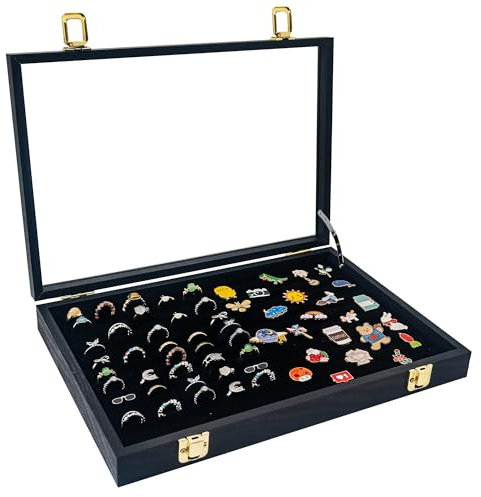GMFrames Ringbox für 100 Ringe Vitrine für Anstecknadeln,Schmuckschatulle mit Glasfenster, Schattenbox für Medaillen, Broschen, Ohrringe