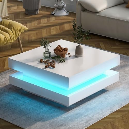 Merax White High Gloss Coffee Table, Square Rotating Center Table, Led Coffee Table for Living Room, Tea Table for Home Office Furniture, 70x70x36 cm