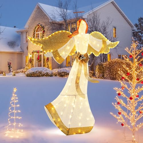 GOPLUS 160cm großer LED Engel, beleuchteter Weihnachtsengel warmweiß mit 180 LED-Lichtern, Weihnachtsbeleuchtung Figur Engel mit Heiligenschein & Schleife für Außen Innen Weihnachten Dekoration