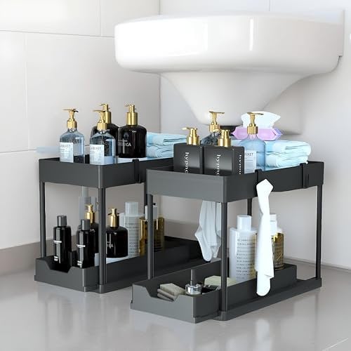 AbiHaven 2 Pack Under Sink Organizer with Sliding Drawers – 2-Tier Bathroom & Kitchen Cabinet Storage Rack, Multi-Purpose Pull-Out Shelf for Cleaning Supplies (Black)