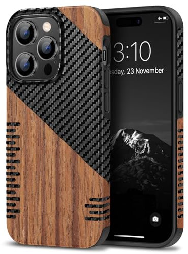 TENDLIN Kompatibel mit iPhone 14 Pro Hülle Holz und Carbon Textur Design Leder Hybrid Handyhülle (Twill)