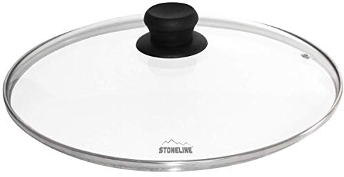 STONELINE Glasdeckel 32 cm, Topfdeckel aus Glas, Spülmaschinengeeignet Hitzebeständig, Universaldeckel für Töpfe Pfannen, Deckel Pfanne Topf mit Edelstahlrand Dampfventil Kunststoffknauf, Schwarz