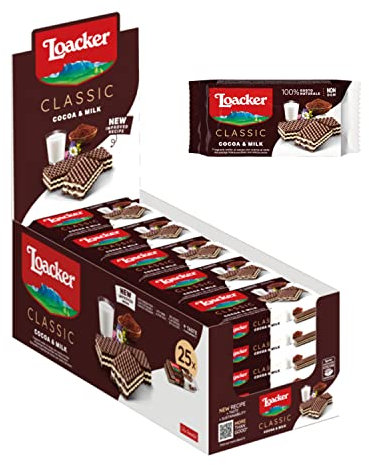Loacker - Classic Cocoa & Milk - Klassische Kakao-Waffeln mit zwei Schichten zarter Milchcreme aus 100 % Alpenmilch in der Großpackung - Essen und Snacks 25 Stk á 45 g
