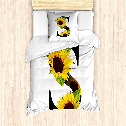 ABAKUHAUS Briefe Bettbezug Set für Einzelbetten, Sunflower Art Design, Milbensicher Allergiker geeignet mit Kissenbezug, Gelb Grün Schwarz
