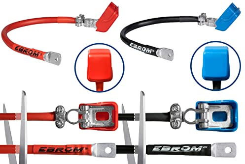 EBROM Cavo batteria da 50 mm², polo negativo (-) polo positivo (+) morsetto con chiusura rapida, nero + rosso, 30 cm fino a 5 m, occhielli/capicorda M6/M8/M10/M12/senza – 50 mm2 – 380 cm scarpa M6 (6