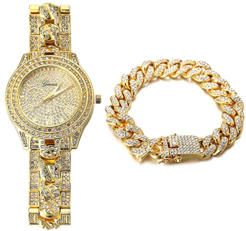 Halukakah Vergoldete Uhr Iced Out, Herren 18 Karat Echt Vergoldet Kubanische Kette Eingelegtes Band Quarz Armband 9.5,mit Kubanischer Kette 8 Armbandset,Volle Cz Labordiamants