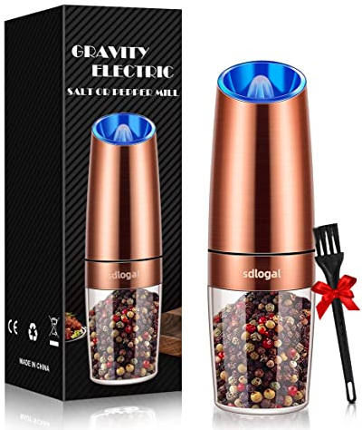 Gravity Pepper Mill, Electric (Copper), Salt and Pepper Mill, Spice Mill with Adjustable Coarseness Mechanism, Salt and Pepper Shaker, Salt Mill, Blue LED Light (Pack of 1)