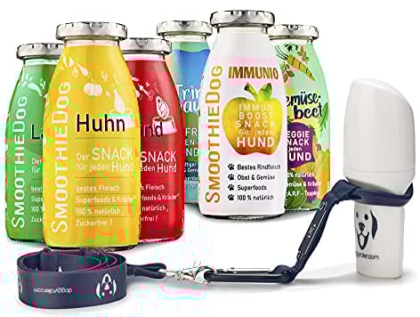 SmoothieDog Hundesmoothie 6er Mix + Doggyroller m. Halter, Karabiner, Lanyard Blau - je 1x: Huhn, Rind, Lamm, Ente, Immunio, Veggie - Flüssiges Hundeleckerli - zucker- & glutenfrei - Zubehör- je 250ml