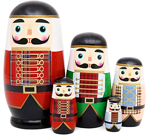 Moonmo 5pcs Beautiful Nutcracker Handmade Wooden Nesting Dolls Nesting Wishing Dolls Nutcracker Matryoshka Traditional