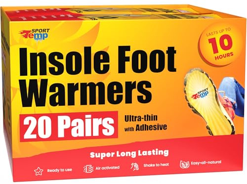 Insole Foot Warmers (20 Pairs) - Up to 10 Hours of Heat, Easily Apply with Adhesive - Ultra Thin, Easy, All Natural - Air Activated, Odorless Hot Insole Warmers - Sport Temp