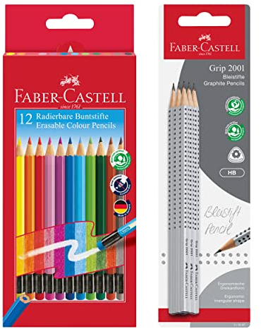 Faber-Castell 205029 - School Set mit 6 Bleistifte Grip 2001, Härtegrad HB und Buntstifte im 12er Kartonetui