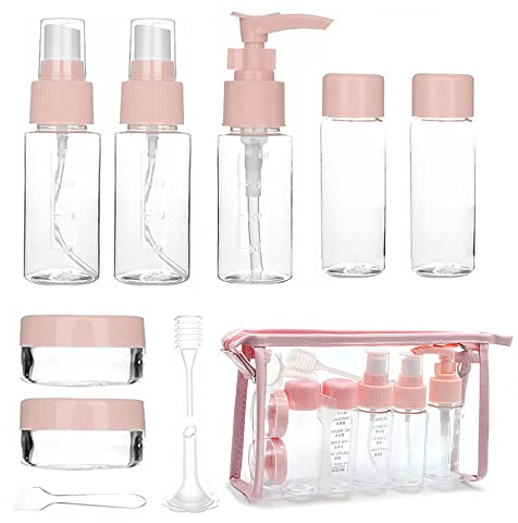 HYMUUNI 10 Pcs Set Pink Travel Bottles Plastic Travel Bottles Air Travel Size Bottle for Business or Personal Travel Fun Outdoors Cosmetic Shampoo Lotion Makeup Shower Hand Soap (PINK)