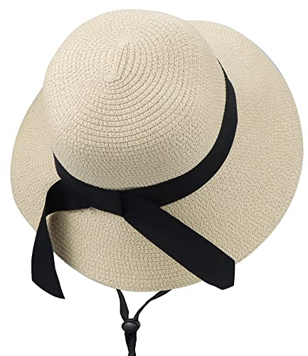 CaySep Girls Straw Sun Hat Floppy Wide Brim Beach Sun Hats with Bow for Travel for 5-9 Years Old (as8, Age, 5_Years, 9_Years, Beige, 54cm/Fit for 5-9 Years Old)