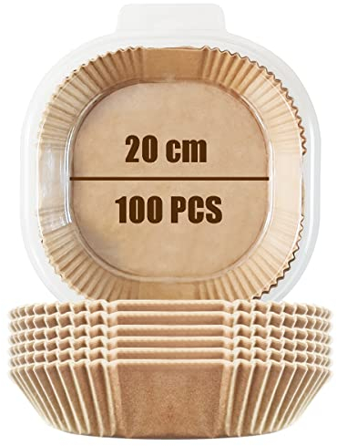 Papel para Freidora de Aire [100 Piezas], YRAKOZIN Air Fryer Forro de Papel Desechable Esteras de Pergaminos Antigrasa Papel de Aceite Silicona Antiadherente - Color Madera (Cuadrado, 20cm, 4-8L)
