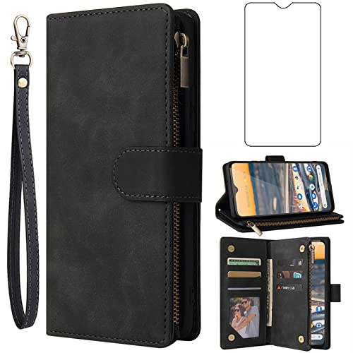 Asuwish Kompatibel mit Nokia 5.3 Wallet Case Tempered Glass Displayschutzfolie und Leder Flip Cover Kartenhalter Ständer Handy Zubehör Geldbörse Kreditkarte ID Slot Handyhüllen für Nokia 5.3 Damen