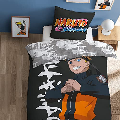 Naruto Uzumaki Parure de lit imprimée 140x200 | 100% Coton | Oeko-Tex | Housse de Couette 140x200cm+Taie d'oreiller 63x63cm | Imprimé Garçon | Gris foncé