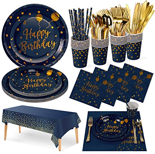 Nkaiso Partygeschirr Kindergeburtstag,161 Stück Marineblaugold Partygeschirr Set Party Set mit Pastell Becher Servietten Tischdecke Pappteller Geburtstag Mädchen Geburtstagsdeko für Party Geburtstag