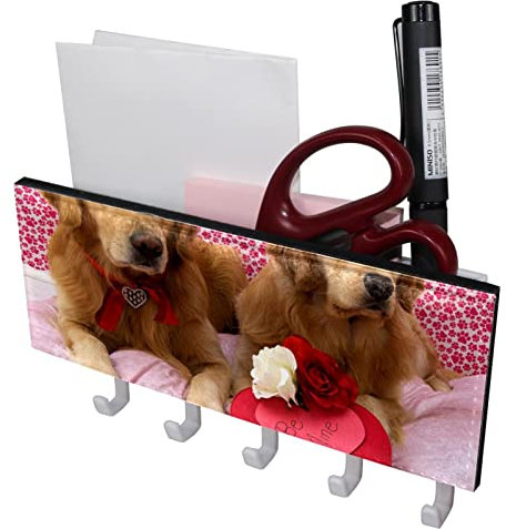 TBOUOBT Porte-clés mural, porte-clés avec 5 crochets à clés, porte-clés pour décoration murale, porte-clés,Couple de chiens de la Saint-Valentin charmant