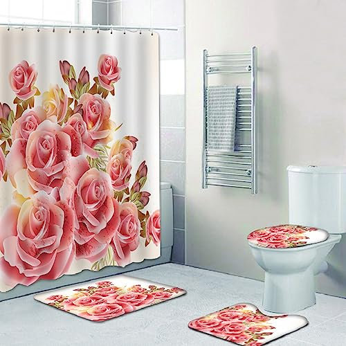 Rideau Douche Rose en Poudre Blanche Tapis de Bain Ensemble 4 Pcs,Rideau de Douche Anti Moisissure Polyester+Type U Tapis Salle de Bain Extérieur Antiderapant+Doux Tapis(45x75)+Epaissir Tapis WC