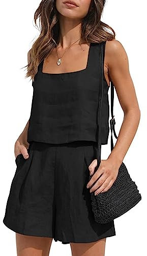 RPAEOY Completo Lino Donna 2 Pezzi Senza Maniche Collo Quadrato Canotta Lino e Vita Alta Pantaloncini Elegante Tuta Casual Estiva Completi per Spiaggia Vacanza Nero L