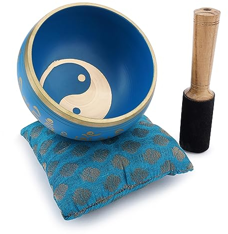Ajuny Juego de Cuencos Tibetanos Cuenco de Sonido de Latón Hecho a mano para Meditación con Varilla y Cojín para Yoga Curación de Chakras Atención Plena y Alivio del Estrés Regalos Espirituales Azul