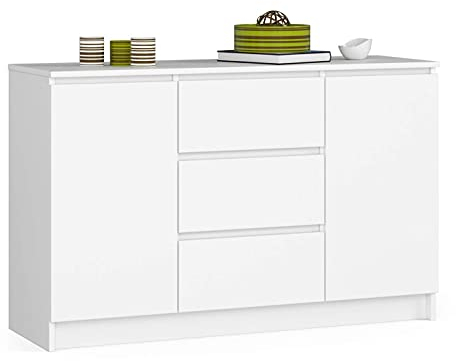 AKORD Commode K016 120cm 3 Tiroirs 2 Portes vers Le Salon Chambre Bureau | Rangement Chambre Enfant | Commode Salon Coucher Enfant Adulte | Meuble TV | | Couleur Blanche