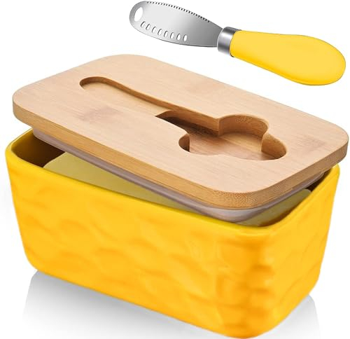 Ceramic Butter Dish with Lid and Knife Porcelain Butter Container with Butter Cutter Butter Knife Easy Spread Kitchen Accessories Tableware (Yellow)