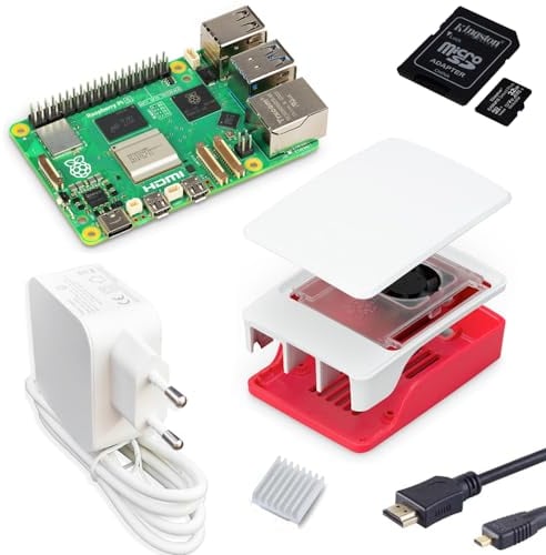 Raspberry Pi 5 4GB Starter-Kit | USB-C 27W Netzteil | Gehäuse mit Lüfter | 64GB SD Karte | 4K Micro HDMI Kabel | Rot - Weiß