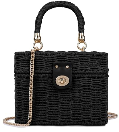 Handgewebte Rattan-Tasche für Damen, Korbgeflecht, Umhängetasche, Stroh, Strand-Tragetasche, Tragegriff oben, Handtasche mit Kettenriemen, Schwarz
