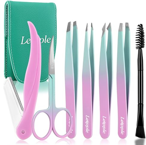 Pince a Epiler 7Pcs Pour Femmes-Pince à épile de Précision Avec étui de Voyage-Pince à épiler en Acier Inoxydable Pour les Sourcils Avec Ciseaux,Rasoir,Miroir Pour les Cheveux Incarnés (Rose/Bleu)