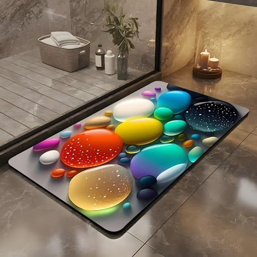 Olnamaro Badteppich rutschfeste,Seltene 3D-Muster Badematte(Bunte Steine),Badezimmer Deko,Badematte Rutschfester Badezimmerteppich Absorbierender Badteppich,Dekorative Atmosphäre 60X40CM