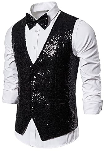 Chdirnely Herren Weste Pailletten Jacken für Männer Glitzer Weste Pailletten Kleid Anzug Weste V Ausschnitt Sparkly Weste für Party Club Urlaub Halloween, Schwarz , M
