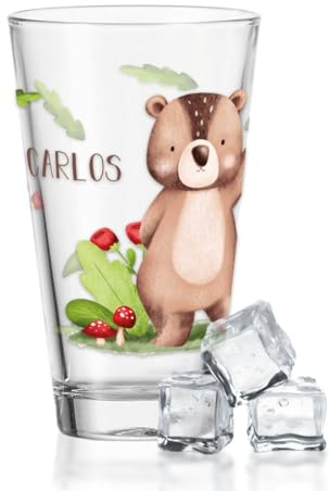 GRAVURZEILE Wasserglas mit UV-Druck - Tiergruppe Wald Design - Personalisiert mit Wunschname - Geschenke für Jungen & Mädchen Kinder zum Geburtstag Einschulung - Geeignet als Trinkglas - Bär