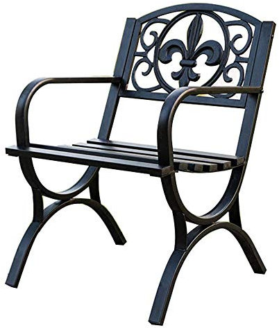 Metal Wrought Iron Garden Bench Seat, Single Chair with Armrests and Back for Outdoor Patio, Terrace and Porch - Rust-Proof Slats Dining Chair