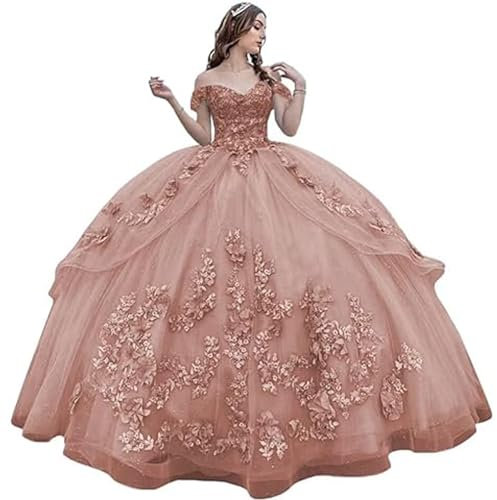 Fuomomo Vestido de Fiesta con Apliques de Encaje 3D Tul Brillante y Esponjoso, Vestidos de 15 años quinceañera Vestido de Princesa de Encaje con Hombros Descubiertos Vestido de quinceañera
