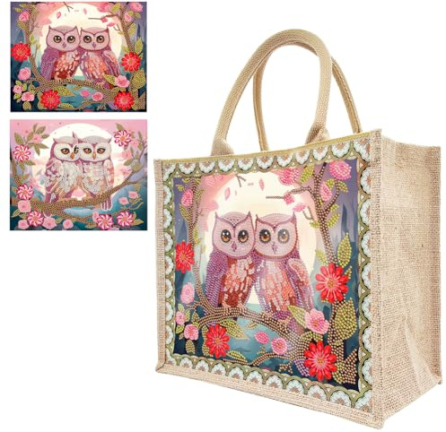 Starnearby Sac de Courses en Toile de Jute avec 2 Peintures Diamant Remplaçables Bricolage, Sac Fourre-tout en Lin, Sac à Provisions Réutilisable, Sac Cabas Courses