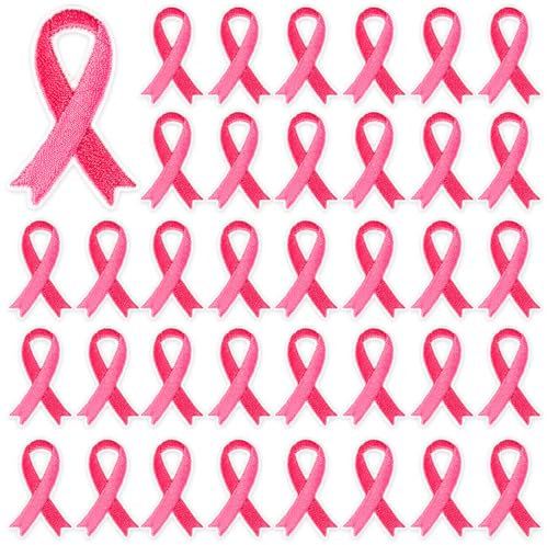 30 pcs Pink Ribbon Iron on Patches Breast Cancer Awareness Embroidered Sew Applique Repair Patch DIY Crafts for Women Girls Clothing Jacket Jeans Pants Dress Backpack Hat Decorations