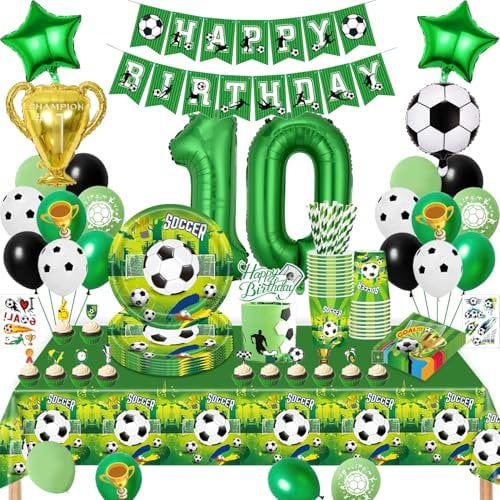 Fussball Geburtstag Deko 10 Jahre, Fussball Partygeschirr Set, Geburtstagsdeko 10 Jahre Junge, Fußball Luftballons Pappteller Tassen Servietten Tischdecke für Party Kindergeburtstag Deko 16 Gäste