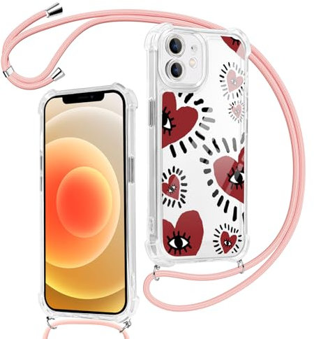 Kueqeay Funda con Cuerda para iPhone 11 6,1'', Aesthetic Corazón Diseño Gráfico Transparente PC Thin Carcasa con Colgante Correa Ajustable Colgar de Cuello Cadena Cámara Protección Choque Case, 02