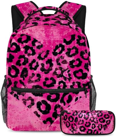 Aggiorna i tuoi oggetti essenziali per la scuola con il versatile set di 2 zaini, rosa leopardato con cuori, Cuori Stampa Leopardata Rosa, Large