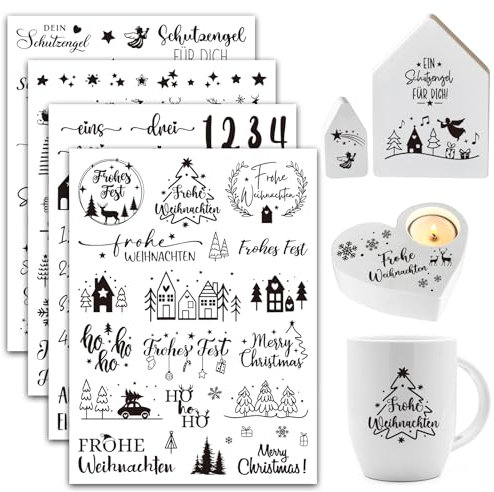 BOOMTOP 4 Rub On Sticker Weihnachten Aufkleber Advent Zahlen Sticker 1-4 Selbstklebend Rub On Folie Sprüche Schutzengel Frohe Weihnachten Rub Ons Transferaufkleber für Glas Holz Möbel Keramik