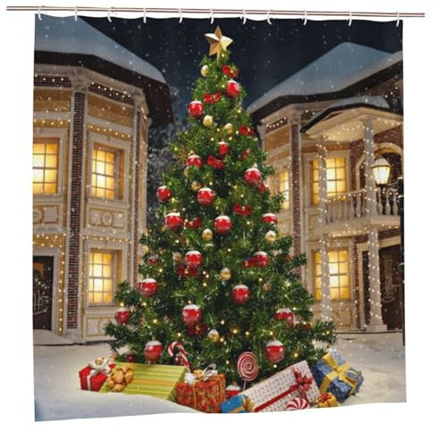 POLOKIMM Duschvorhang mit Weihnachtsbaum-Motiv, 183 x 183 cm, Badezimmer-Duschvorhang-Set mit Haken, Badezimmer-Dekor-Vorhänge, lustiger Duschvorhang